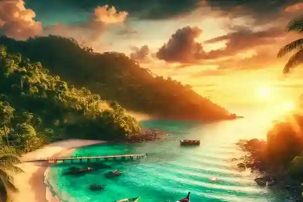 วิวเกาะช้างแบบเขตร้อนพร้อมชายหาด ป่า และทะเลสีฟ้า – เกาะสวรรค์ของประเทศไทย