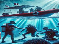 Divers receiving first aid on a boat with oxygen tanks and rescue equipment in the tropical waters of Koh Chang.