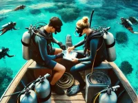 Divers performing a safety check on a boat, with tropical waters and coral reefs visible in the background.