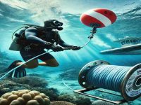 A diver deploying a Surface Marker Buoy (SMB) underwater with a spool, as the buoy ascends to the surface. A dive boat and coral reef are visible in the background.