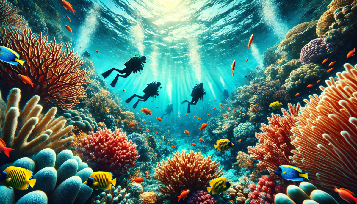 Lebendige Unterwasserwelt mit Tauchern und tropischen Fischen bei einem Fun Dive in Koh Chang.