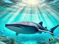 A majestic whale shark swimming in turquoise waters, surrounded by coral reefs and tropical fish near Koh Chang