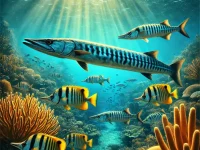 An underwater scene featuring three types of barracudas in Koh Chang: a large Great Barracuda, a Yellowtail Barracuda with a yellow tail, and a school of Chevron Barracudas.