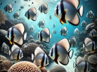 A group of Batfish (Platax sp.) curiously swimming near a coral reef in Koh Chang, Thailand.