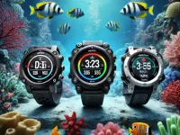 Three dive computers (Suunto D5, Garmin MK3i, Shearwater TERIC) in front of coral reef – top dive gear 2025