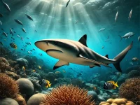 A majestic Blacktip Reef Shark glides over a colorful coral reef in Koh Chang, surrounded by tropical fish.