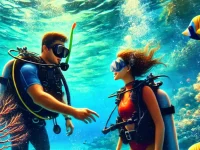 Ein Tauchanfänger wird von einem Instructor in tropisch klarem Wasser begleitet, umgeben von bunten Korallen und exotischen Fischen.