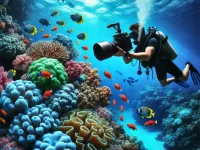 A scuba diver taking a photo of a colorful coral reef with an underwater camera, surrounded by fish.