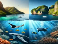 Vergleich des Tauchens im Golf von Thailand und in der Andamanensee mit Korallenriffen, tropischen Fischen und Großfischen wie Mantas und Walhaien.