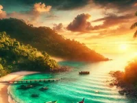 Ein wunderschöner tropischer Strand auf Koh Chang, Thailand, mit weißem Sand, türkisfarbenem Wasser und traditionellen Booten.