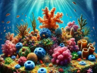 A vibrant underwater scene featuring coral reefs, sponges, and small marine life, perfect for macro divers in Koh Chang.
