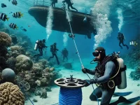 Divers performing underwater Search and Recovery using lift bags, reels, and professional equipment in Koh Chang
