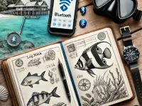An open dive logbook with notes and sketches next to a modern dive computer on Koh Chang beach.