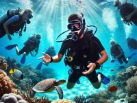 A professional scuba diving instructor guiding a group of students underwater in a tropical ocean setting with vibrant coral reefs and marine life.