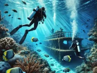 A breathtaking underwater scene featuring scuba divers at different training levels, from beginners to technical divers.