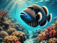 A Titan Triggerfish in its natural habitat near a coral reef in Koh Chang, Thailand.