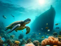 A Green Sea Turtle swimming near a coral reef in Koh Chang, with the HTMS Chang wreck in the background.
