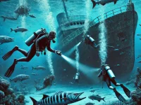 An experienced scuba diver exploring a breathtaking underwater environment at 40 meters, surrounded by shipwrecks and marine life.