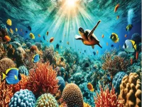A breathtaking underwater scene featuring a vibrant coral reef with colorful fish and sea turtles. Sunlight filters through the clear blue ocean, creating a magical effect.